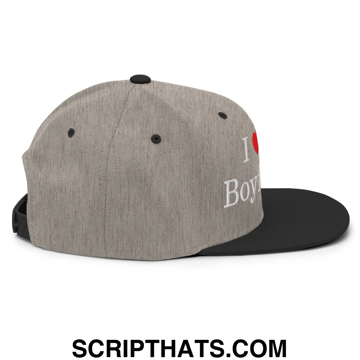 I Love My Boyfriend Embroidered Flat Bill Brim Snapback Hat Heather Black