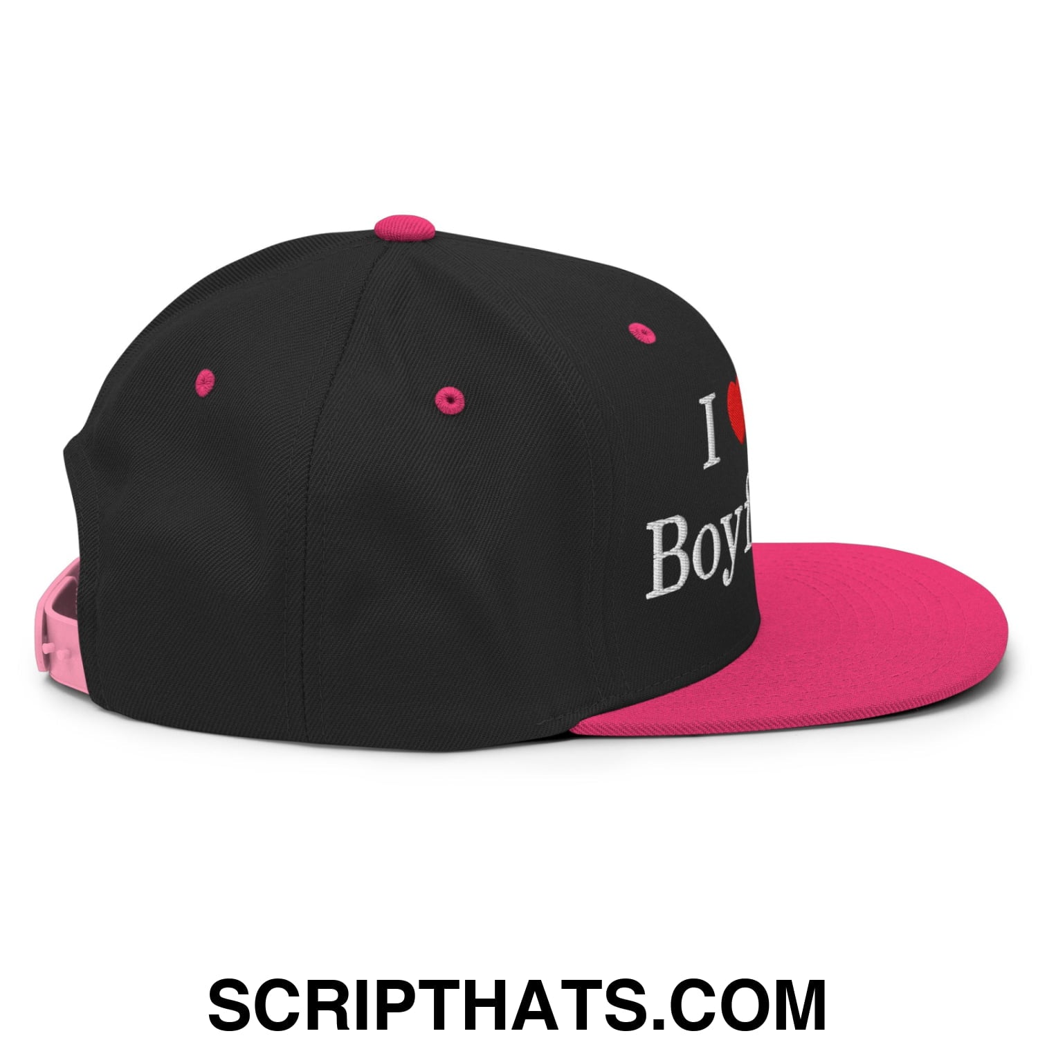 I Love My Boyfriend Embroidered Flat Bill Brim Snapback Hat Black Neon Pink