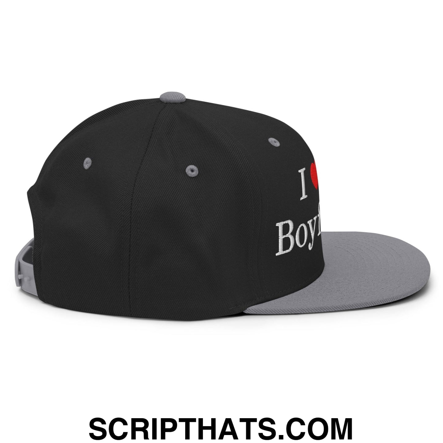 I Love My Boyfriend Embroidered Flat Bill Brim Snapback Hat Black Silver