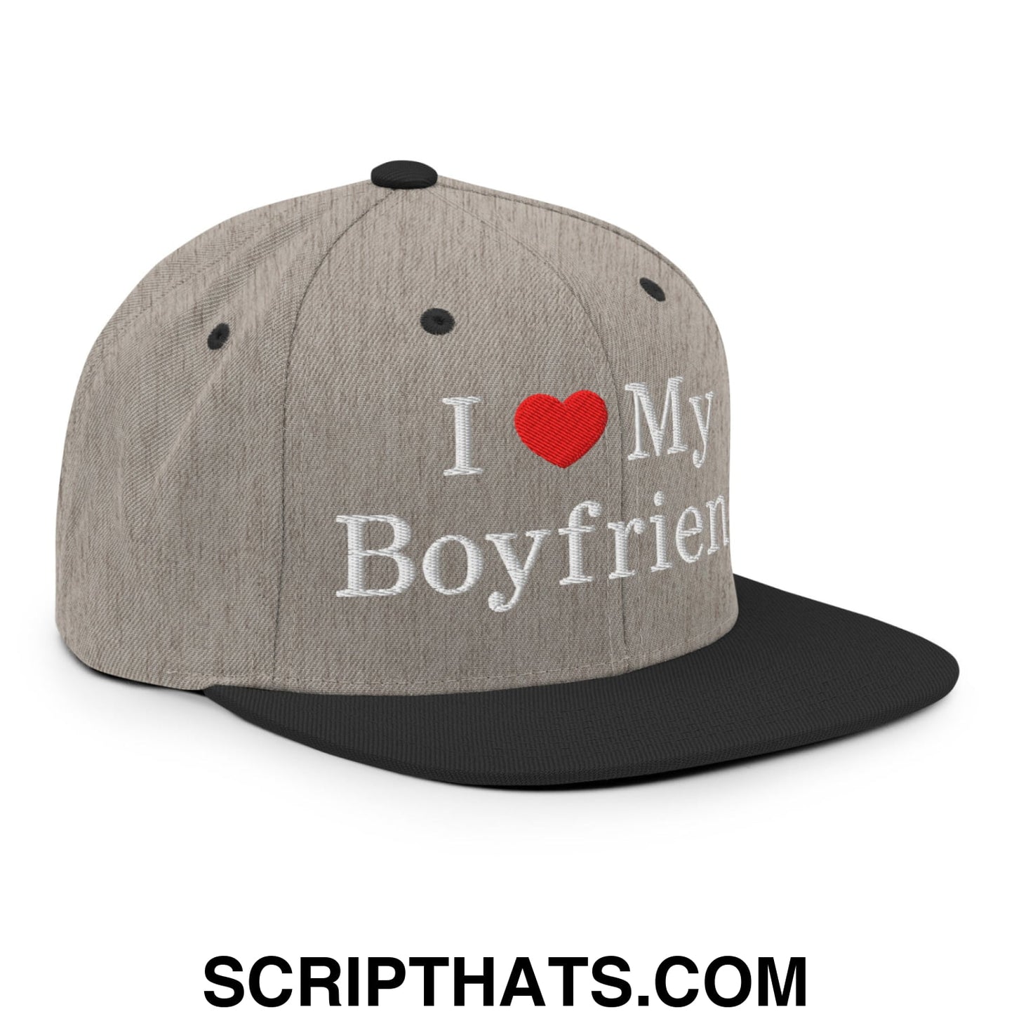 I Love My Boyfriend Embroidered Flat Bill Brim Snapback Hat Heather Black