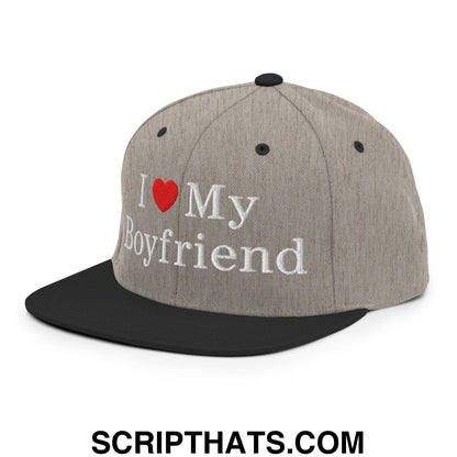 I Love My Boyfriend Embroidered Flat Bill Brim Snapback Hat Heather Black