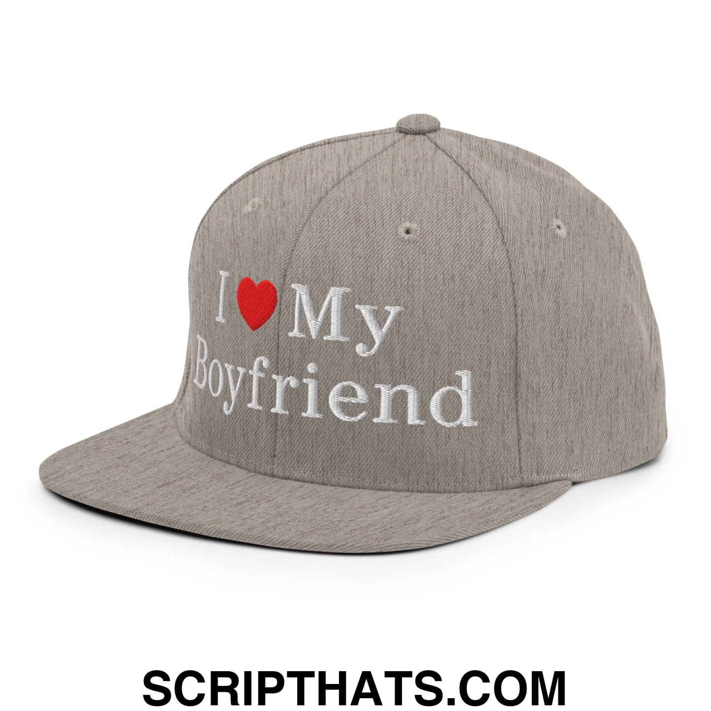 I Love My Boyfriend Embroidered Flat Bill Brim Snapback Hat Heather Grey