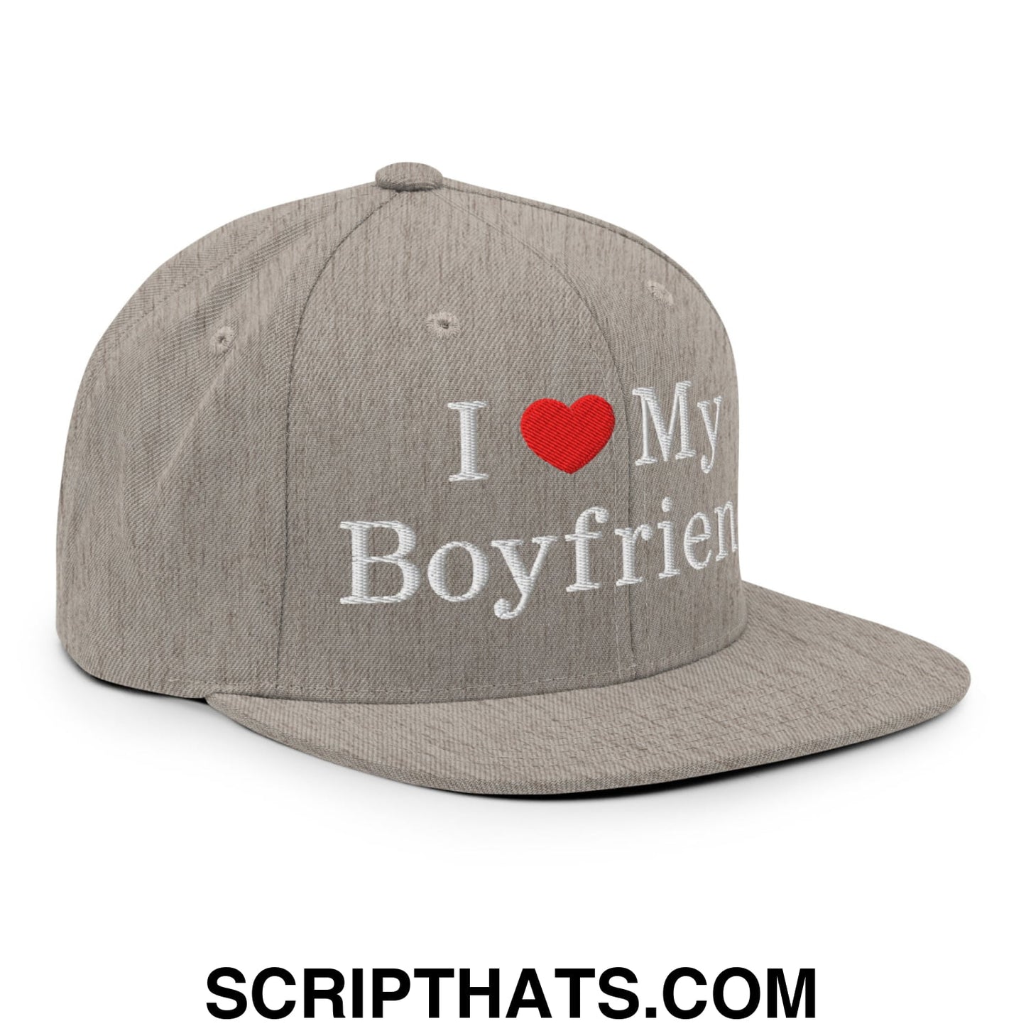 I Love My Boyfriend Embroidered Flat Bill Brim Snapback Hat Heather Grey
