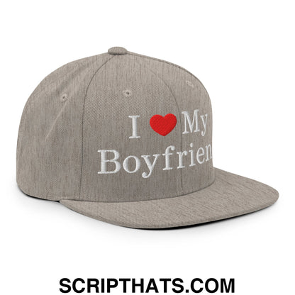 I Love My Boyfriend Embroidered Flat Bill Brim Snapback Hat Heather Grey