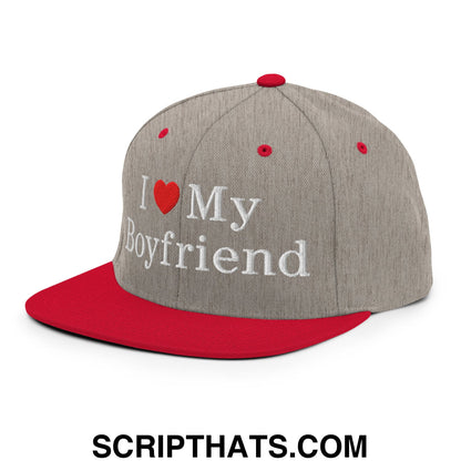 I Love My Boyfriend Embroidered Flat Bill Brim Snapback Hat Heather Grey Red