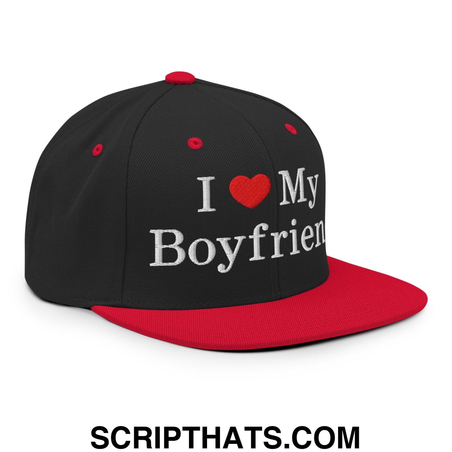 I Love My Boyfriend Embroidered Flat Bill Brim Snapback Hat Black Red
