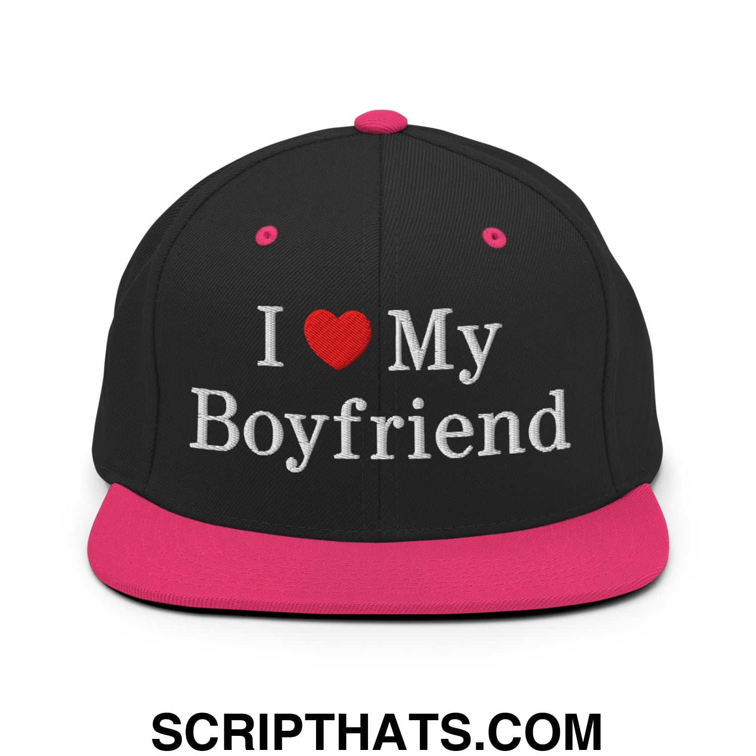 I Love My Boyfriend Embroidered Flat Bill Brim Snapback Hat Black Neon Pink