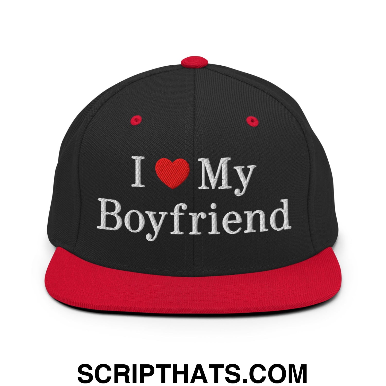 I Love My Boyfriend Embroidered Flat Bill Brim Snapback Hat Black Red