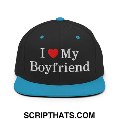 I Love My Boyfriend Embroidered Flat Bill Brim Snapback Hat Black Teal