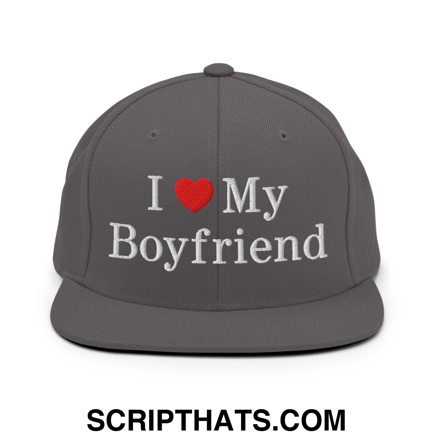 I Love My Boyfriend Embroidered Flat Bill Brim Snapback Hat Dark Grey
