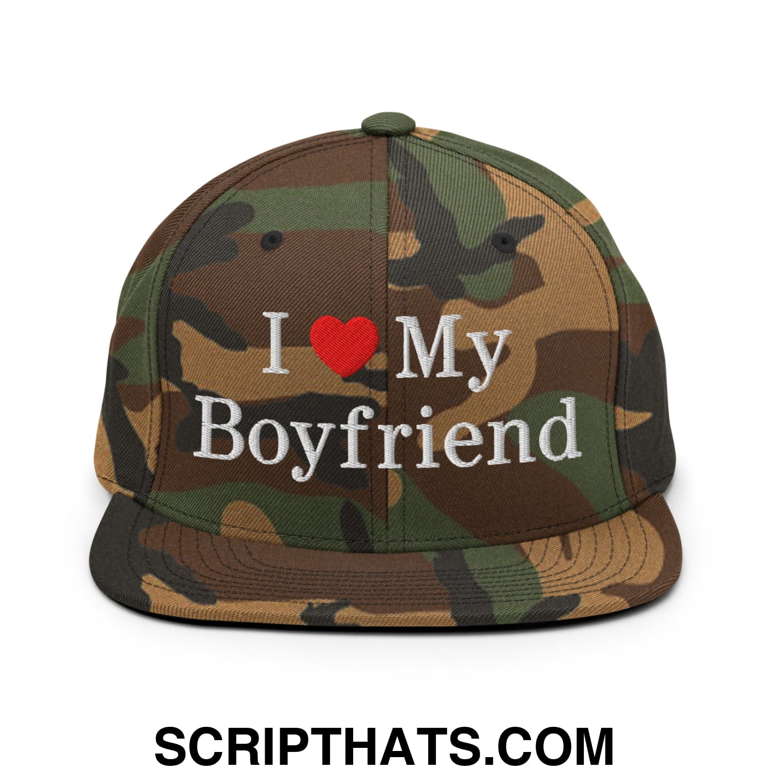 I Love My Boyfriend Embroidered Flat Bill Brim Snapback Hat Green Camo