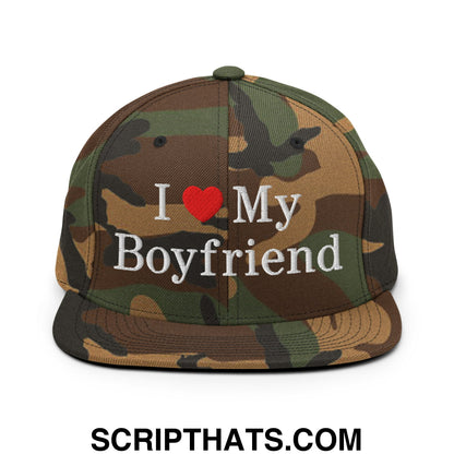 I Love My Boyfriend Embroidered Flat Bill Brim Snapback Hat Green Camo