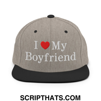 I Love My Boyfriend Embroidered Flat Bill Brim Snapback Hat Heather Black