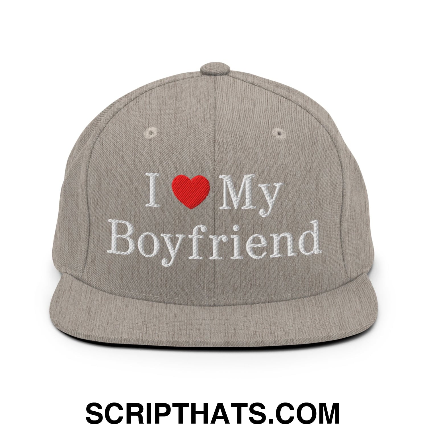 I Love My Boyfriend Embroidered Flat Bill Brim Snapback Hat Heather Grey