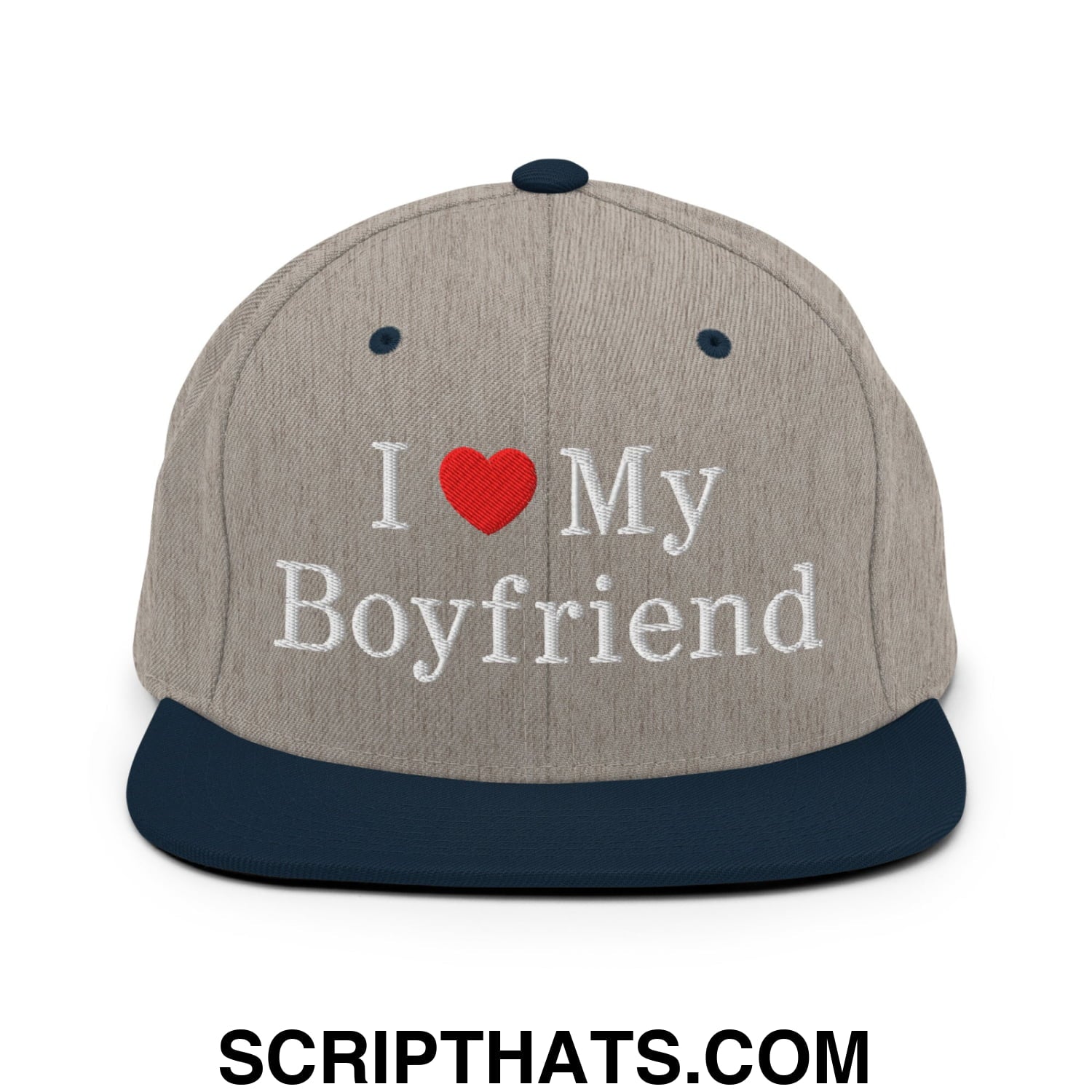 I Love My Boyfriend Embroidered Flat Bill Brim Snapback Hat Heather Grey Navy