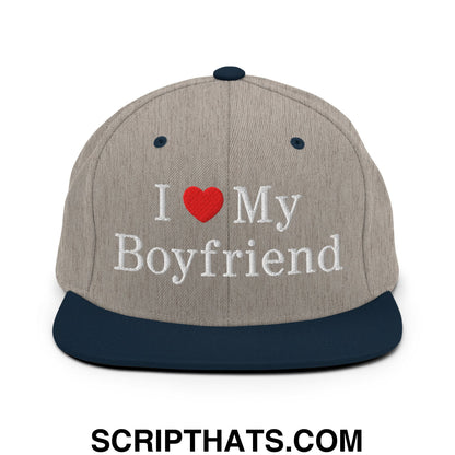 I Love My Boyfriend Embroidered Flat Bill Brim Snapback Hat Heather Grey Navy