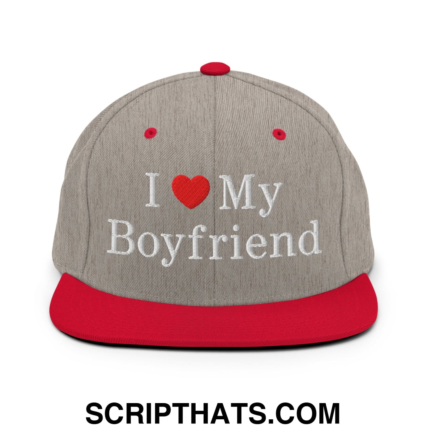 I Love My Boyfriend Embroidered Flat Bill Brim Snapback Hat Heather Grey Red
