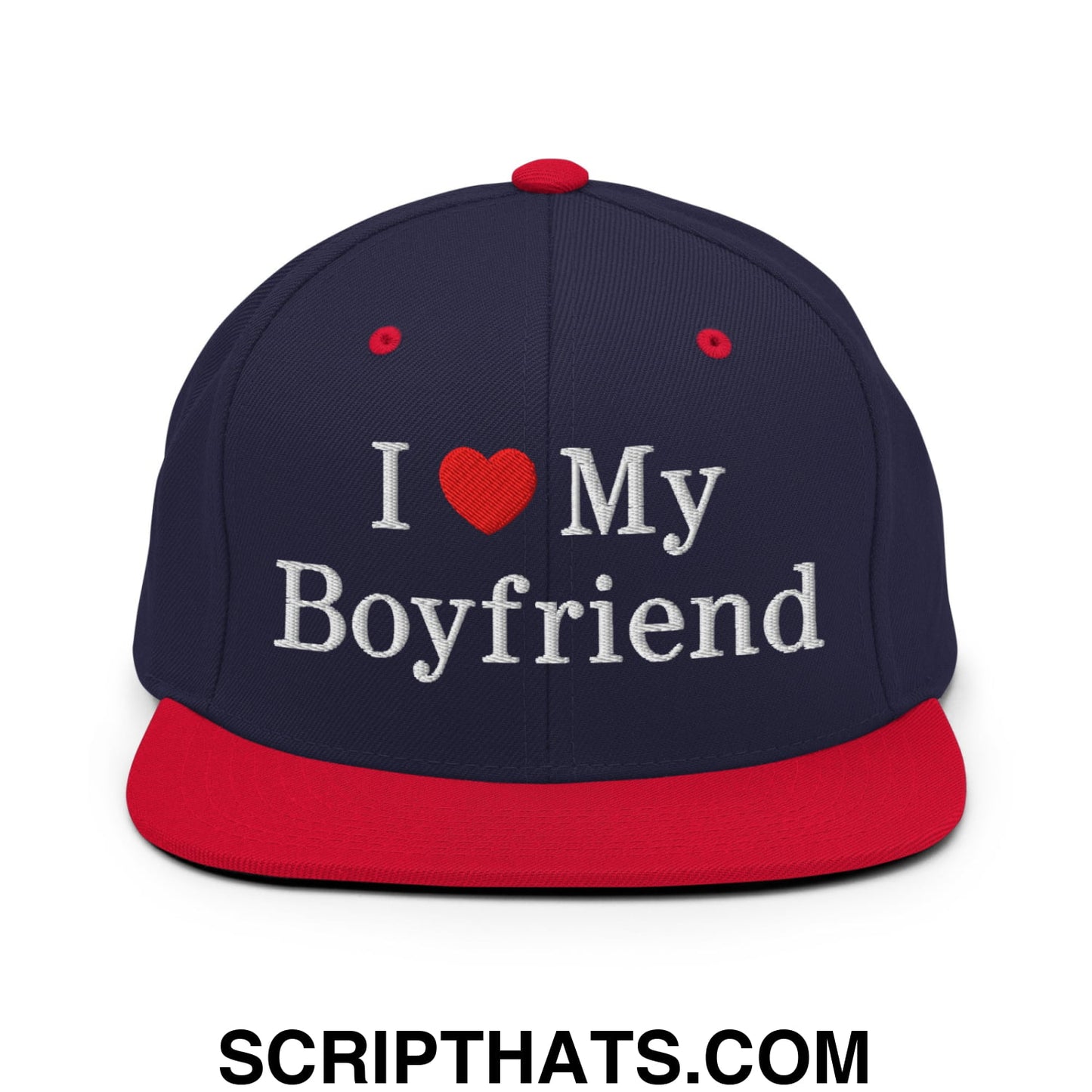 I Love My Boyfriend Embroidered Flat Bill Brim Snapback Hat Navy Red