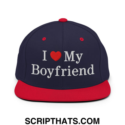 I Love My Boyfriend Embroidered Flat Bill Brim Snapback Hat Navy Red
