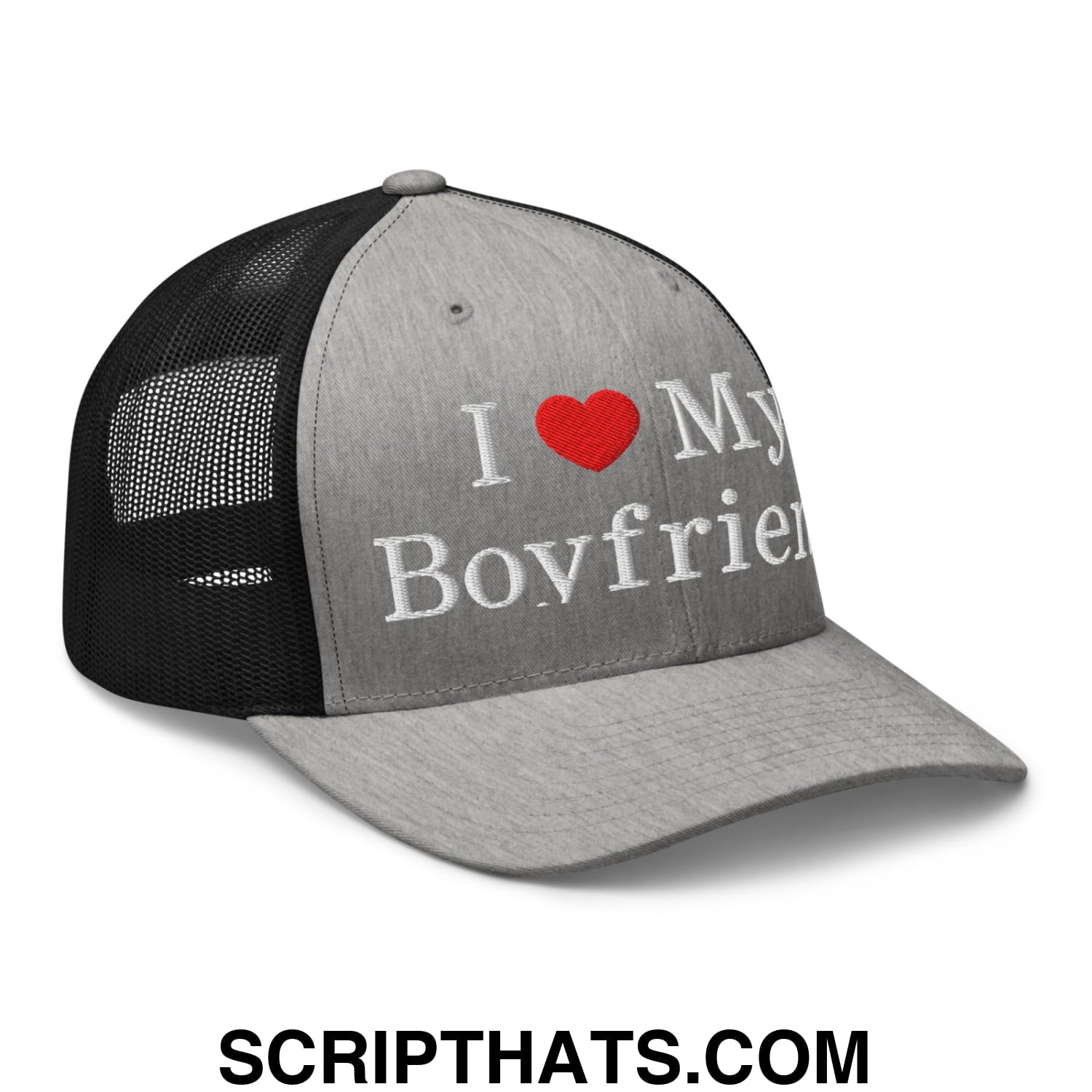 I Love My Boyfriend Embroidered Mesh Trucker Hat Heather Black