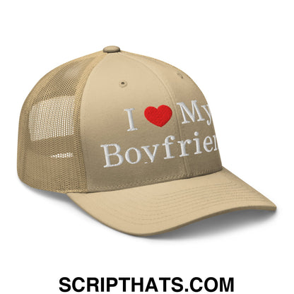 I Love My Boyfriend Embroidered Mesh Trucker Hat Khaki