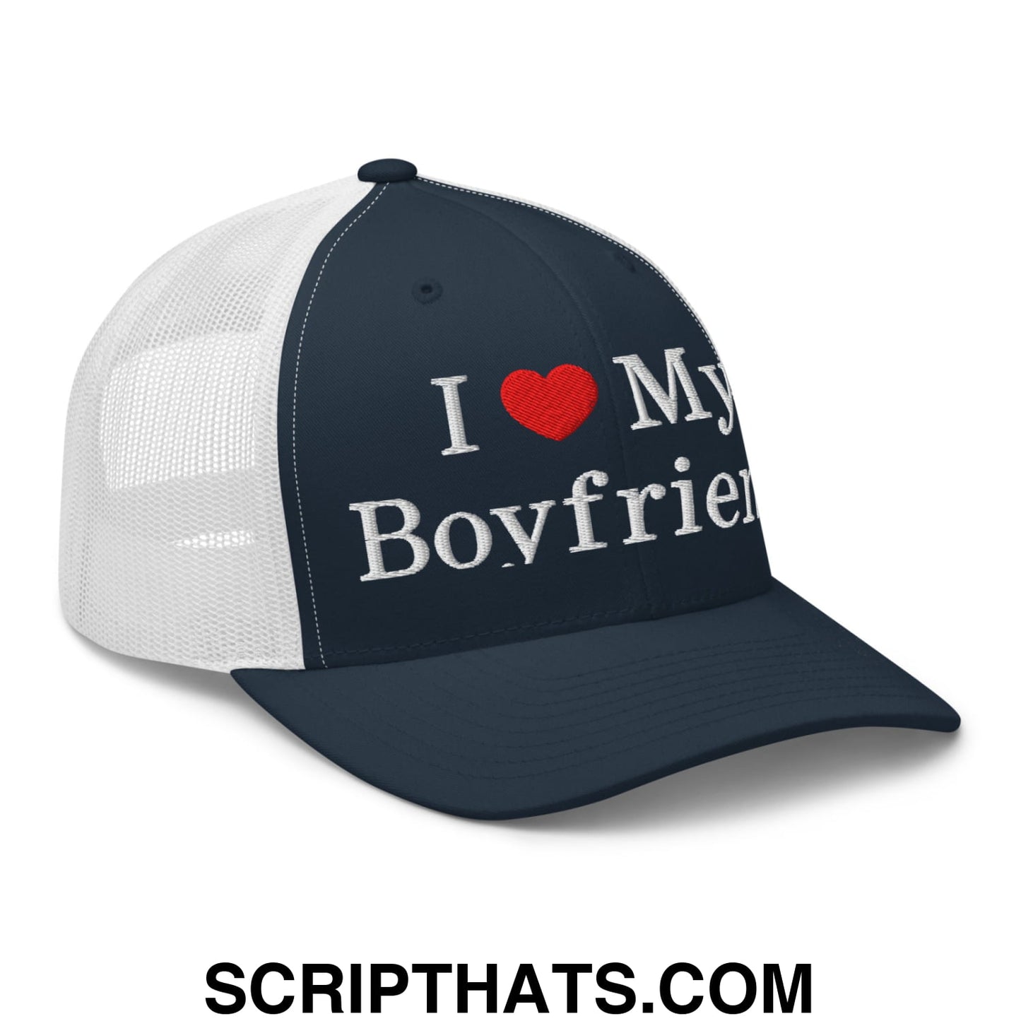 I Love My Boyfriend Embroidered Mesh Trucker Hat Navy White
