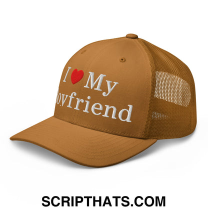 I Love My Boyfriend Embroidered Mesh Trucker Hat Caramel
