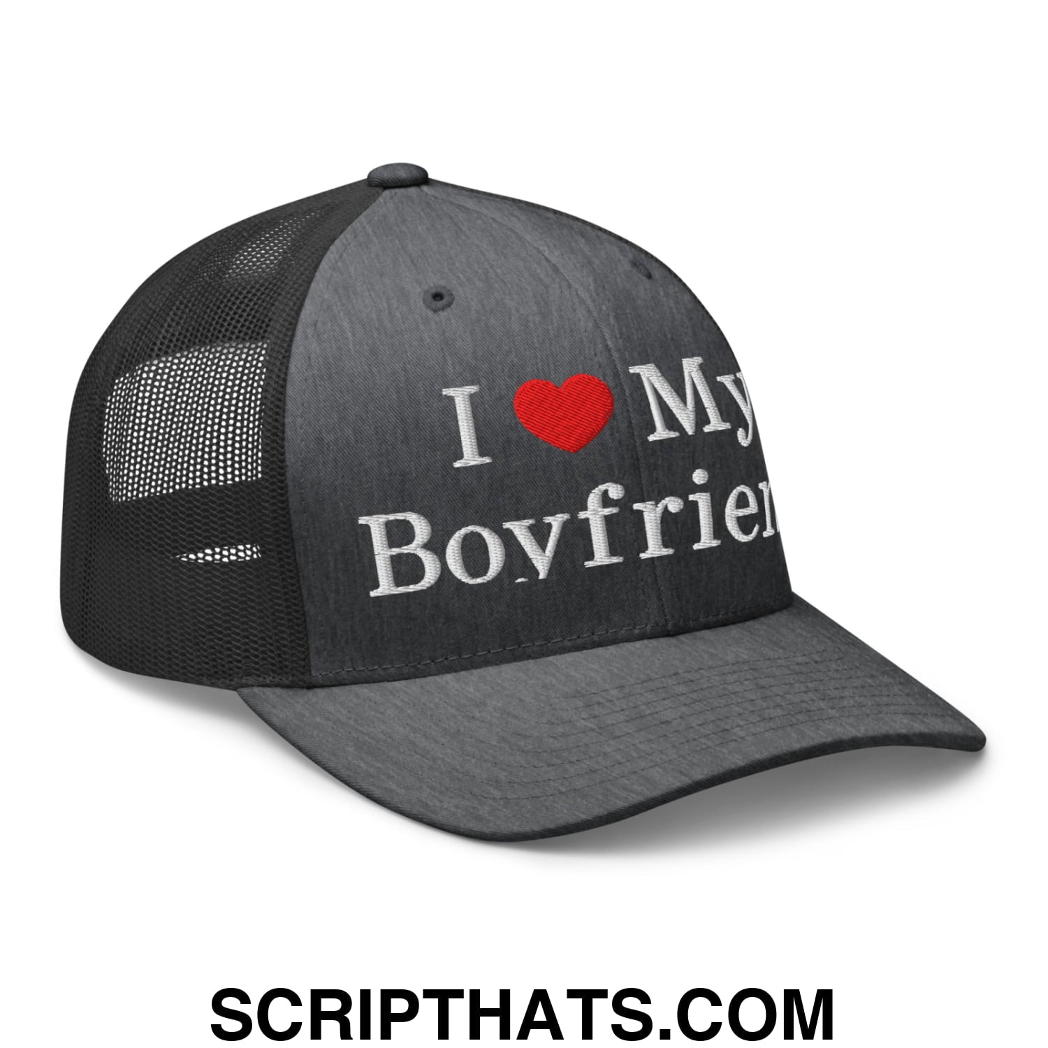 I Love My Boyfriend Embroidered Mesh Trucker Hat Dark Heather Gray