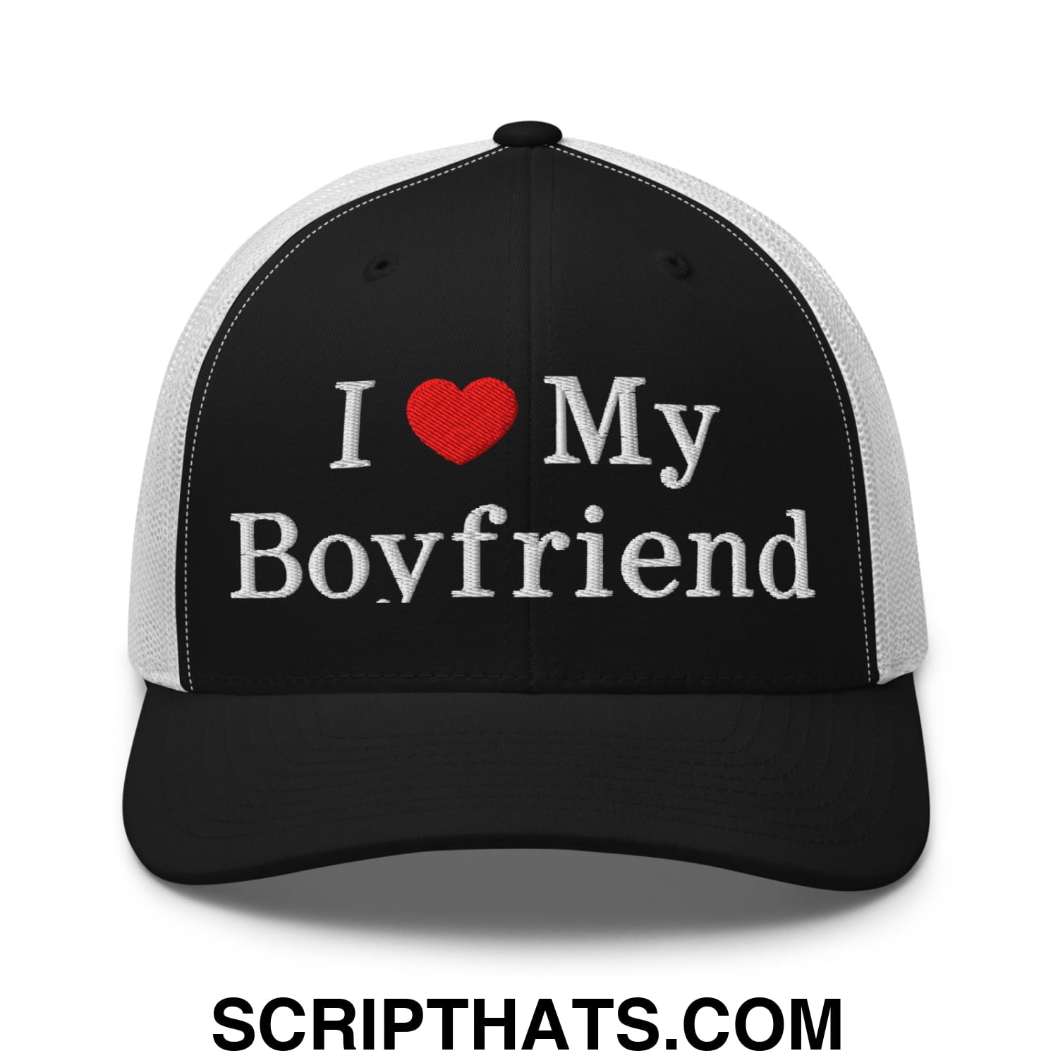 I Love My Boyfriend Embroidered Mesh Trucker Hat Black White