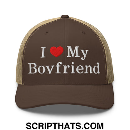I Love My Boyfriend Embroidered Mesh Trucker Hat Brown Khaki