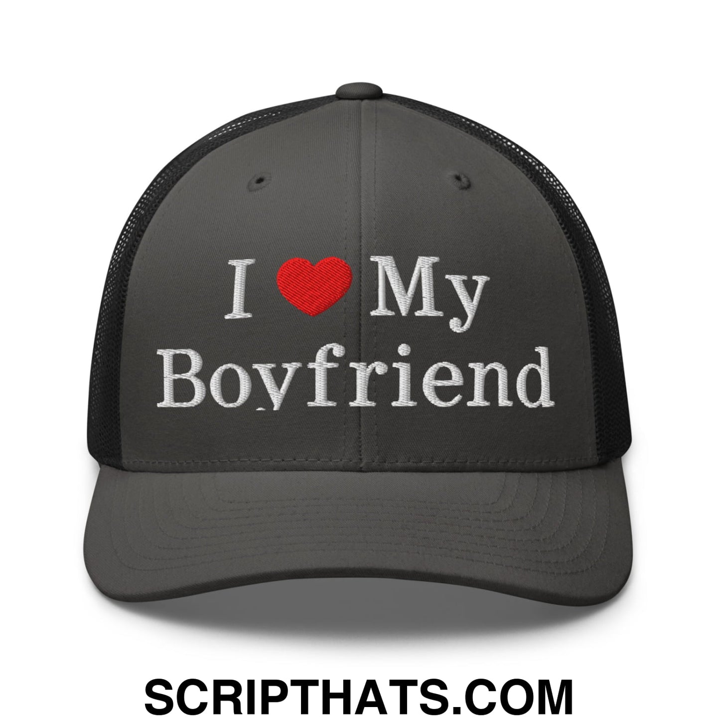 I Love My Boyfriend Embroidered Mesh Trucker Hat Charcoal Black