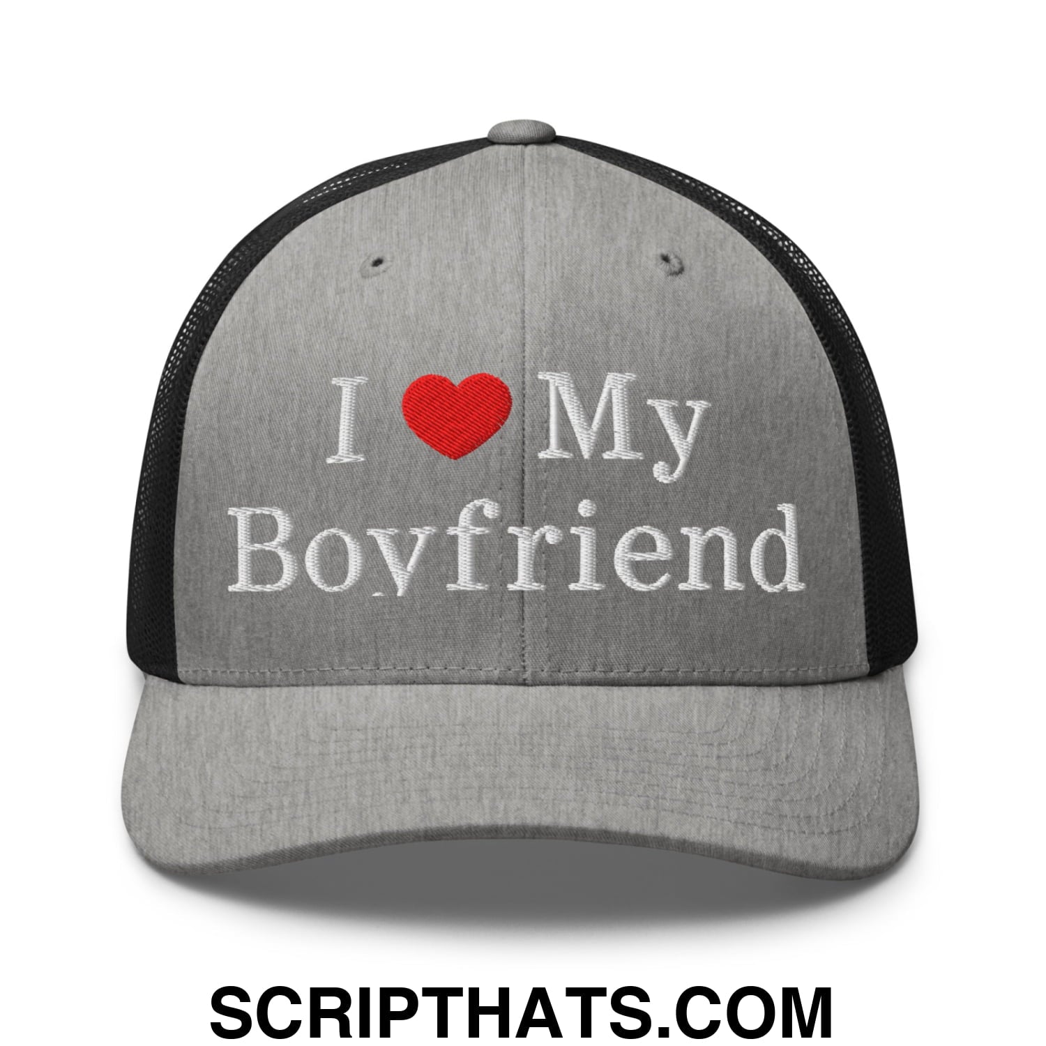 I Love My Boyfriend Embroidered Mesh Trucker Hat Heather Black