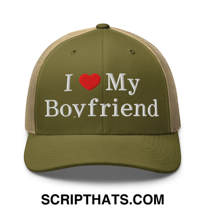 I Love My Boyfriend Embroidered Mesh Trucker Hat Moss Khaki