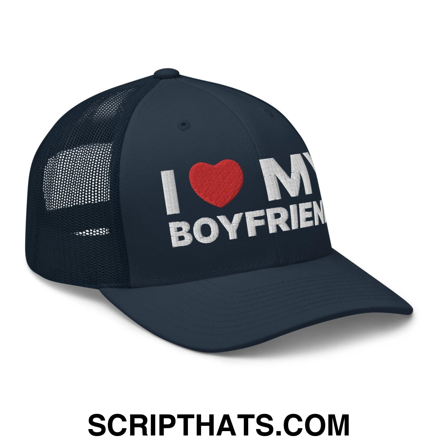 I Love My Boyfriend Retro Trucker Hat Navy