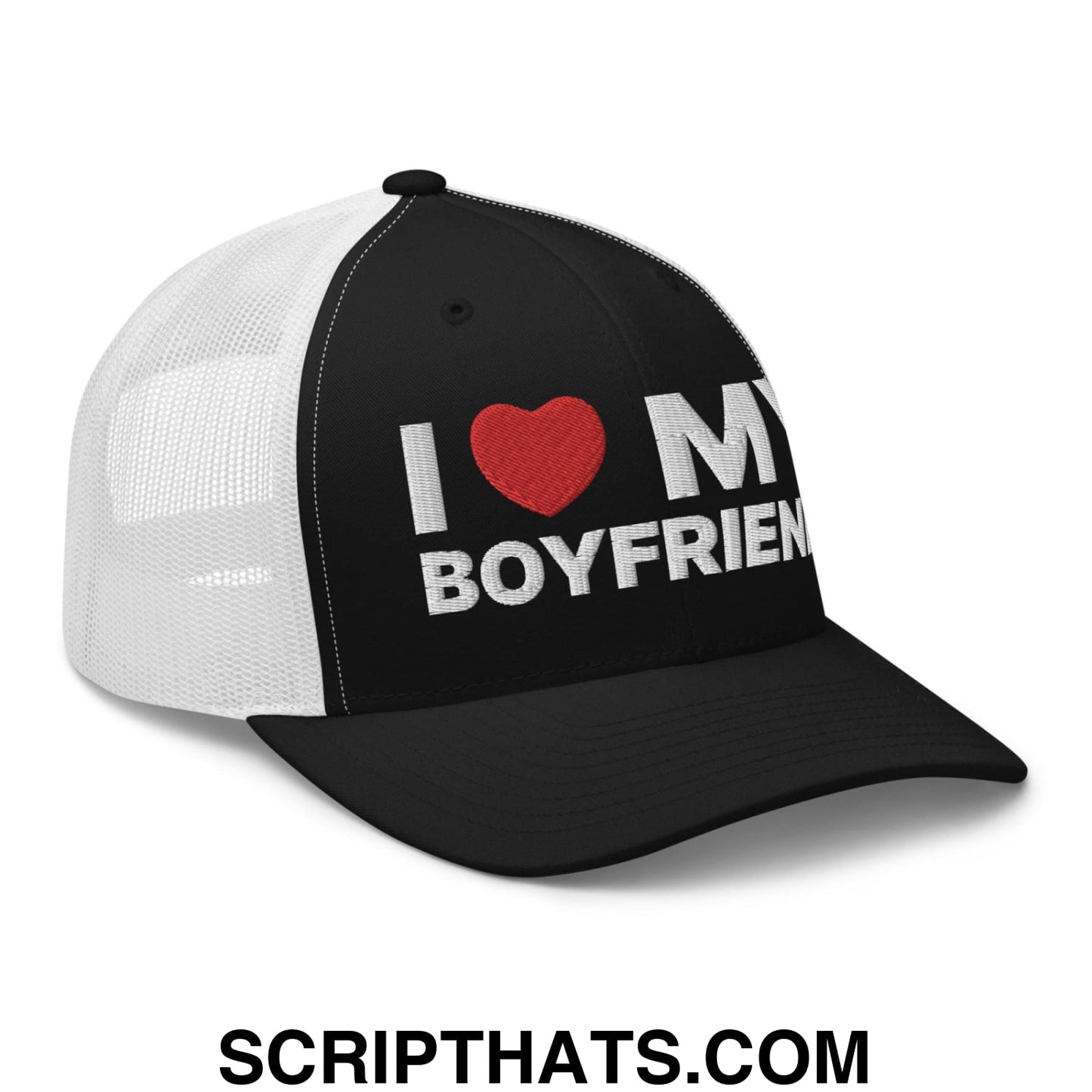 I Love My Boyfriend Retro Trucker Hat Black White