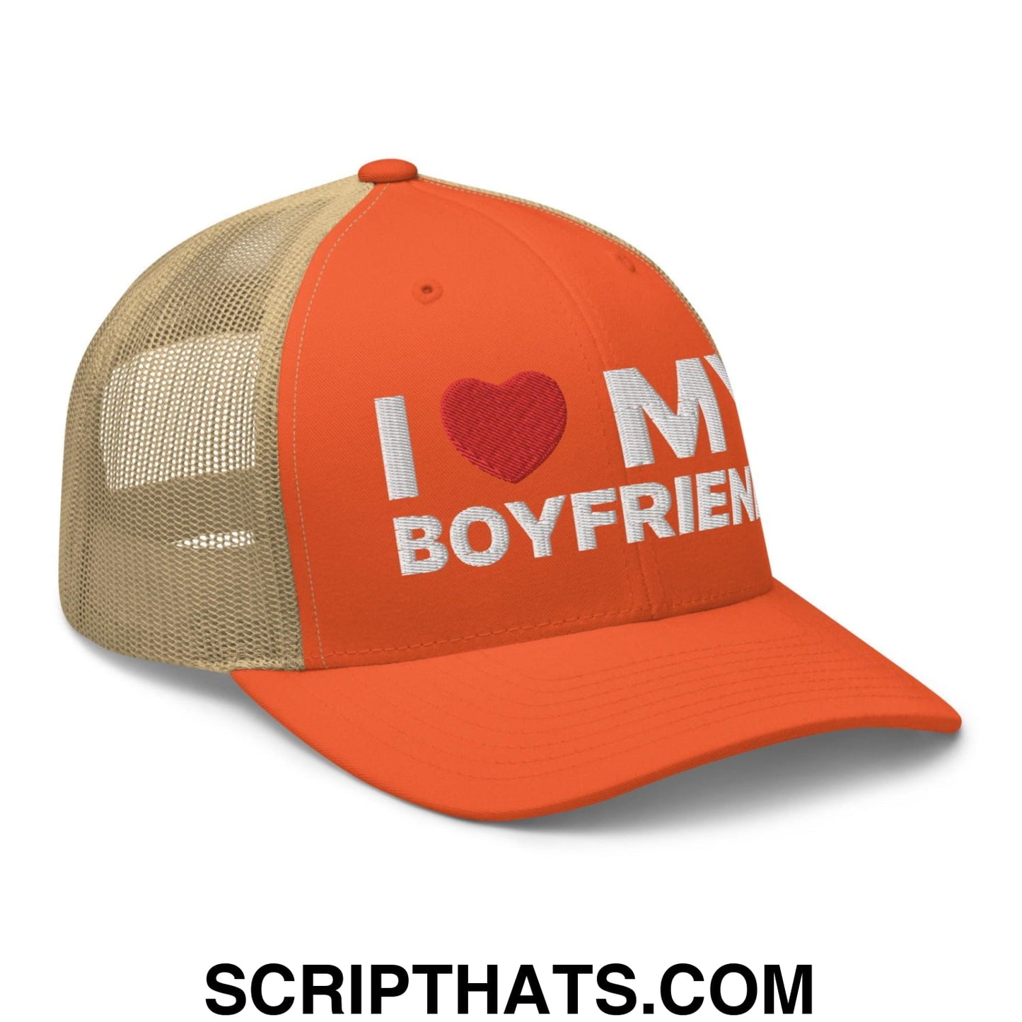 I Love My Boyfriend Retro Trucker Hat Rustic Orange Khaki