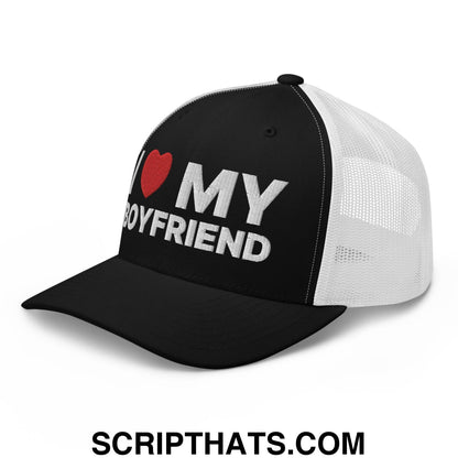 I Love My Boyfriend Retro Trucker Hat Black White