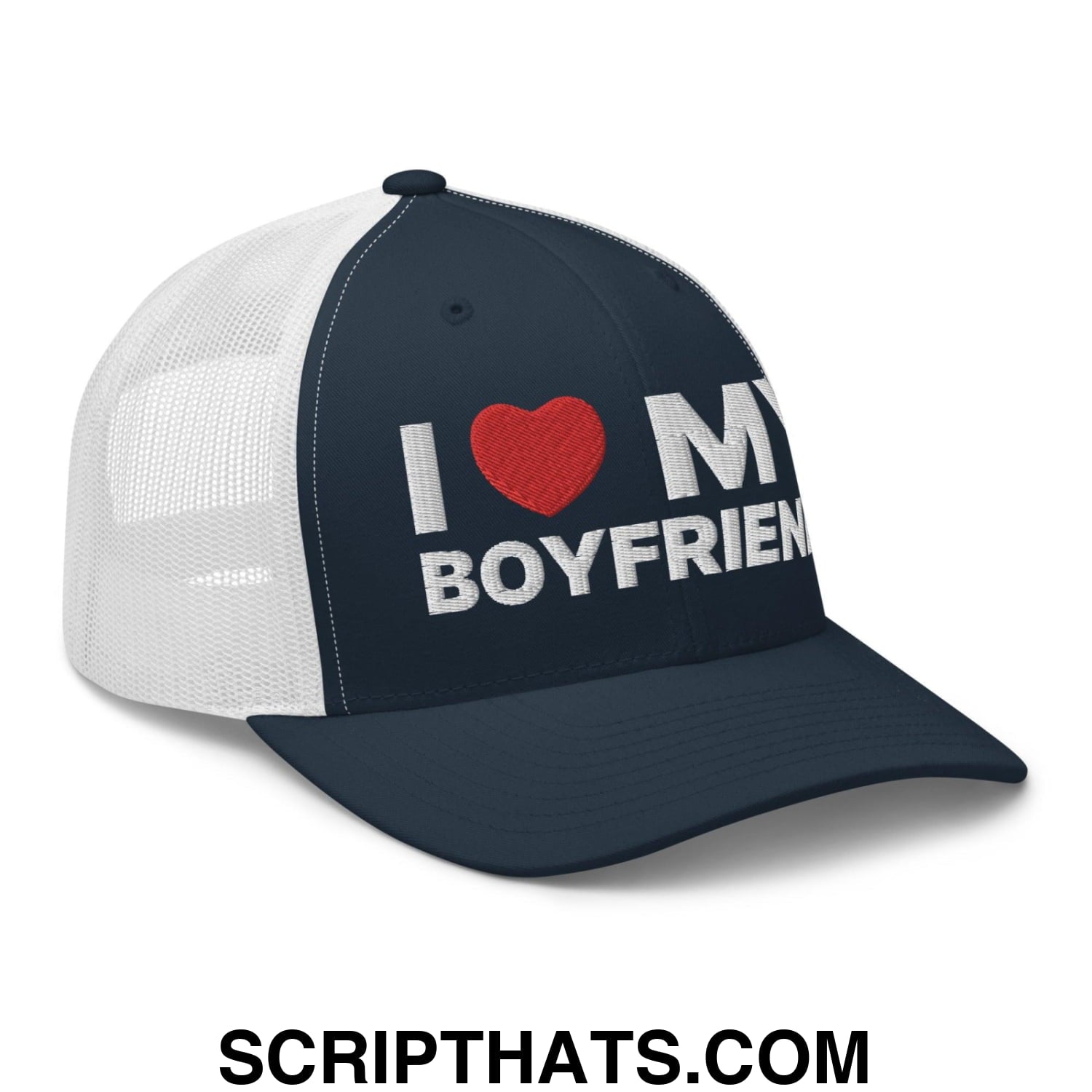 I Love My Boyfriend Retro Trucker Hat Navy White