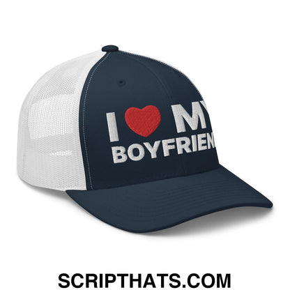 I Love My Boyfriend Retro Trucker Hat Navy White