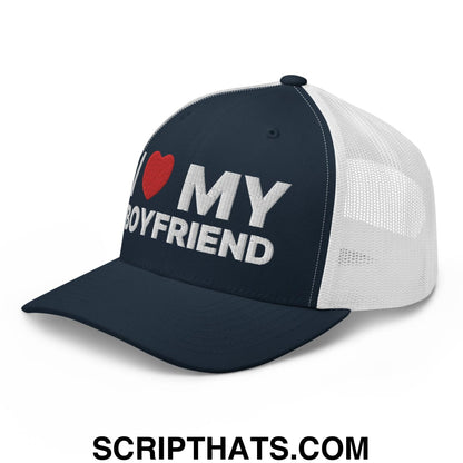I Love My Boyfriend Retro Trucker Hat Navy White