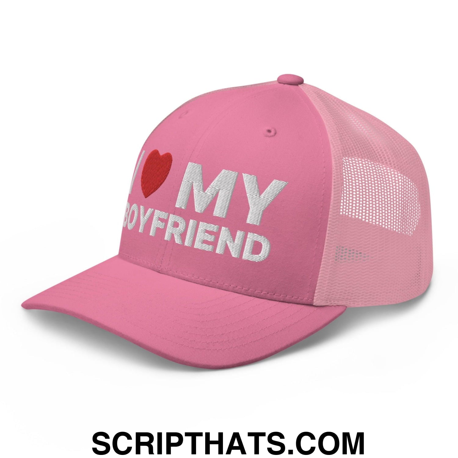 I Love My Boyfriend Retro Trucker Hat Pink