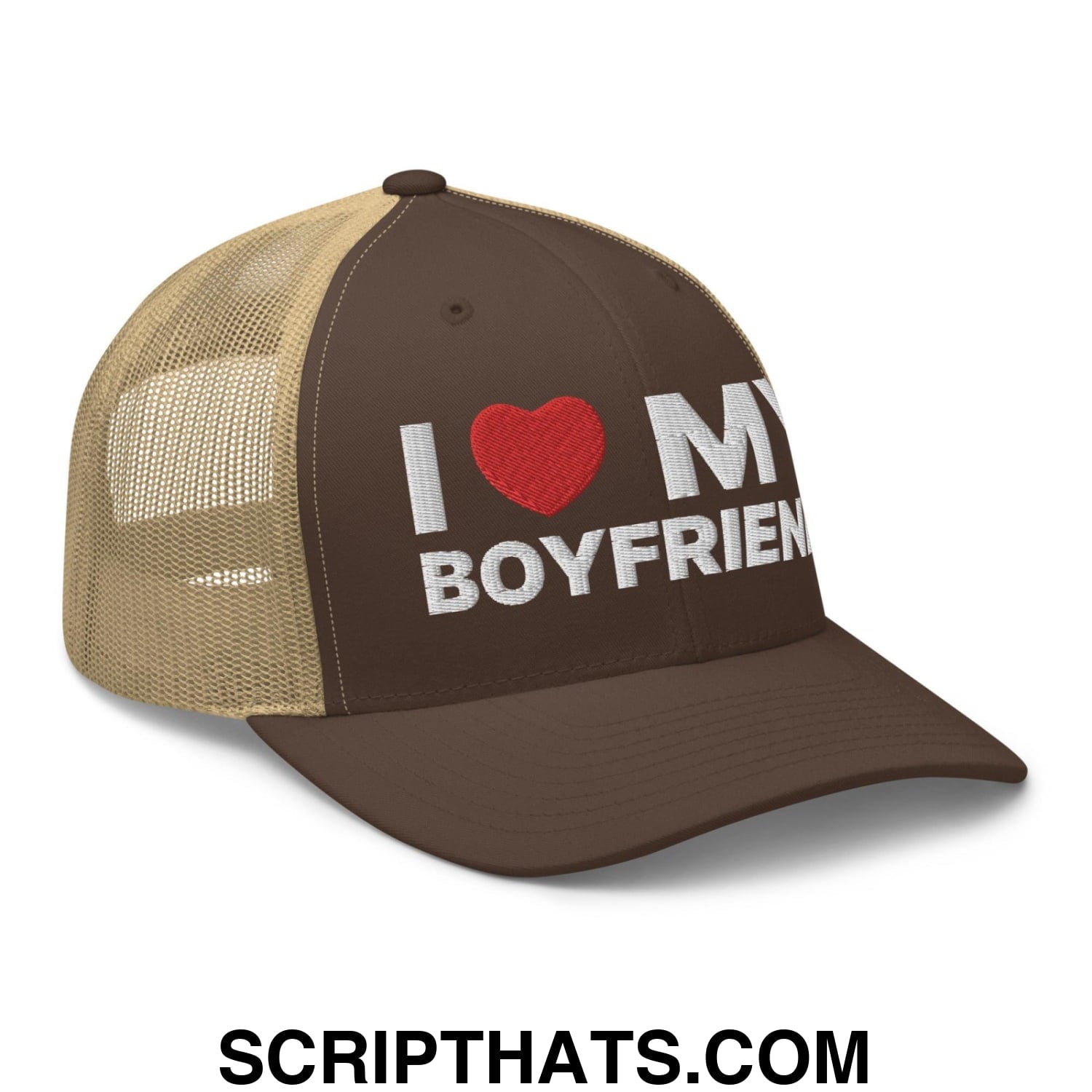 I Love My Boyfriend Retro Trucker Hat Brown Khaki