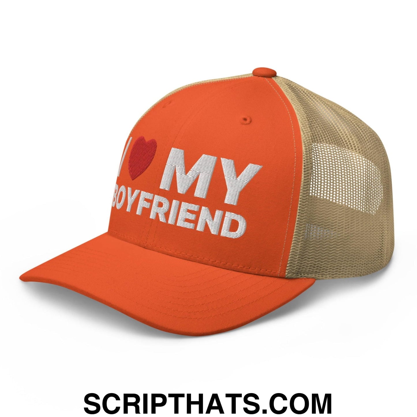 I Love My Boyfriend Retro Trucker Hat Rustic Orange Khaki