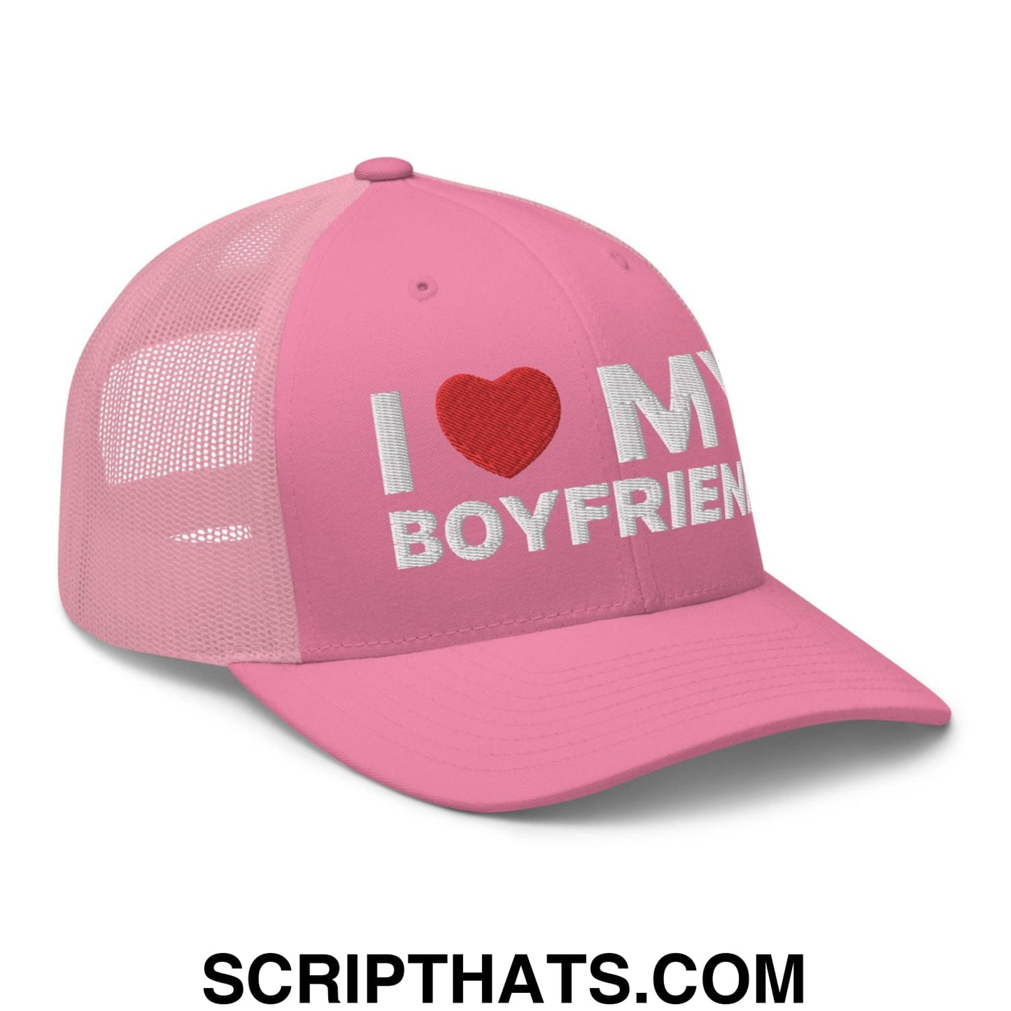 I Love My Boyfriend Retro Trucker Hat Pink
