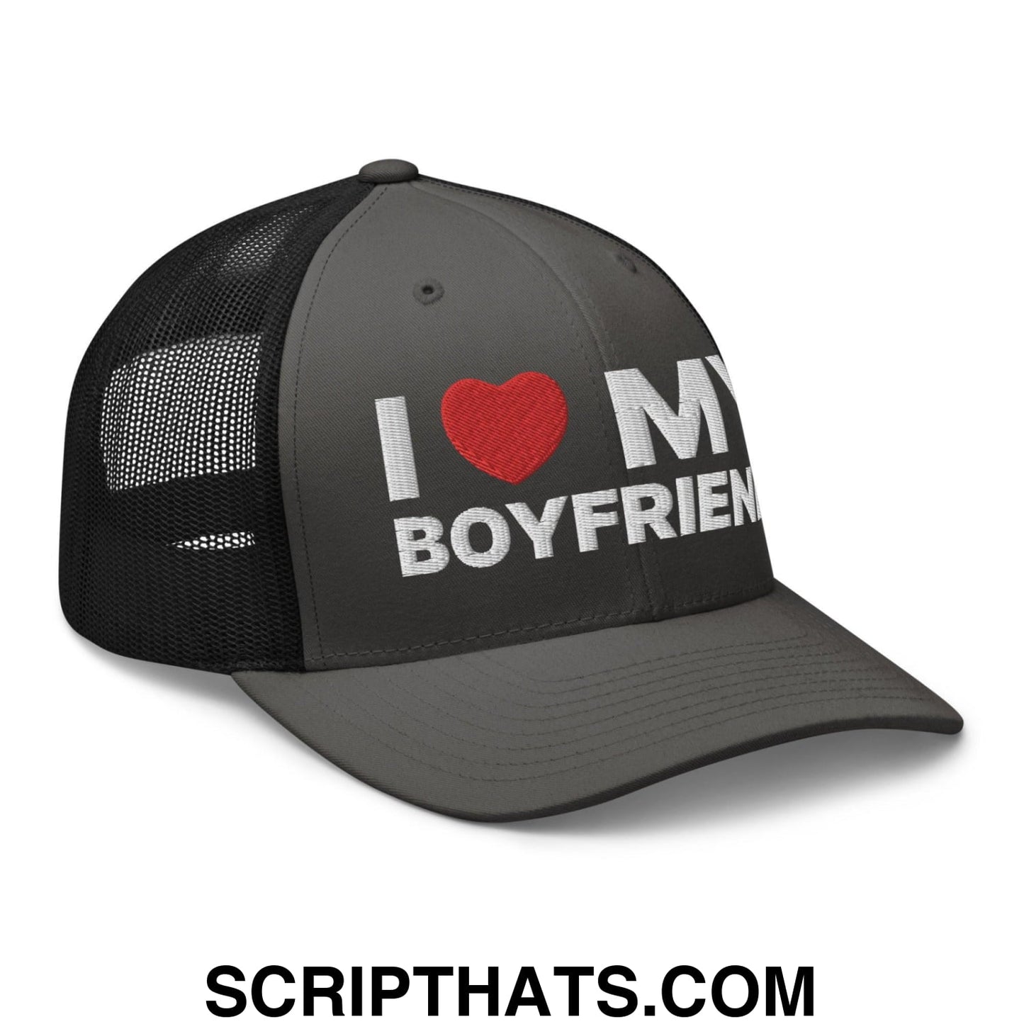I Love My Boyfriend Retro Trucker Hat Charcoal Black