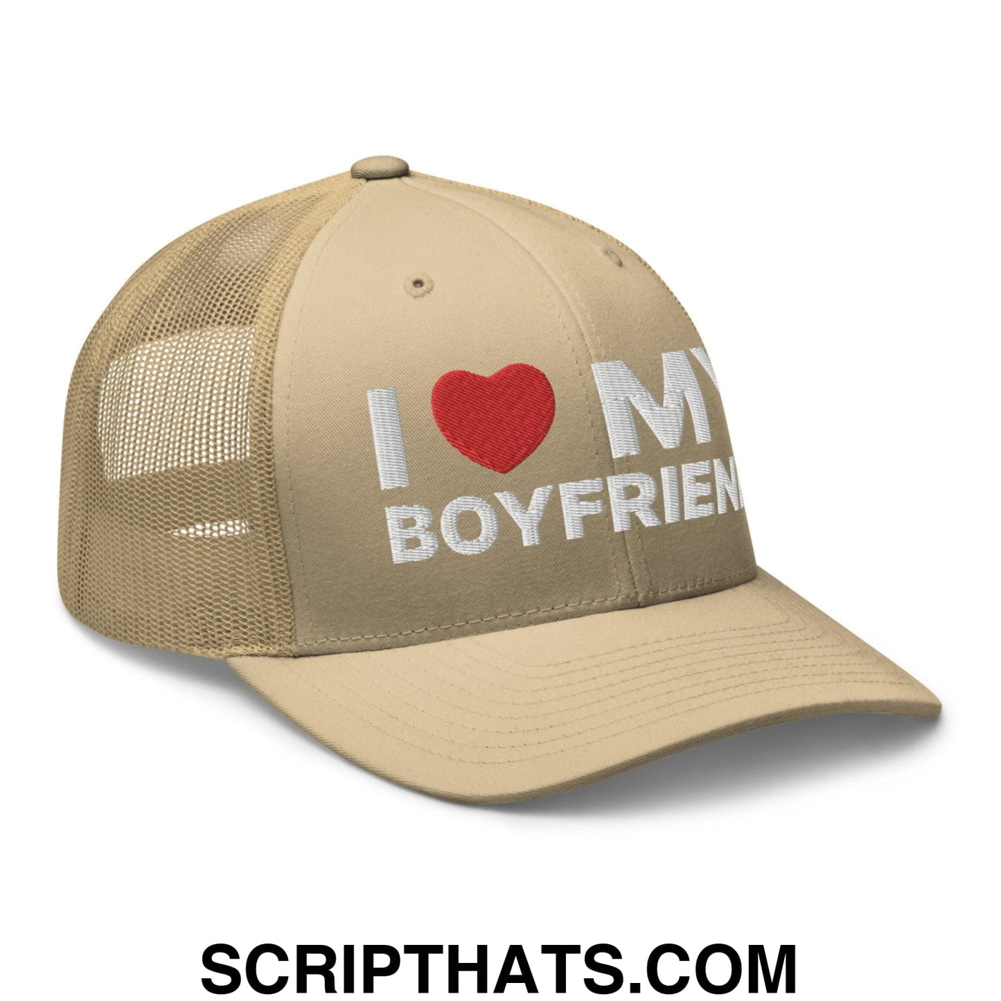 I Love My Boyfriend Retro Trucker Hat Khaki