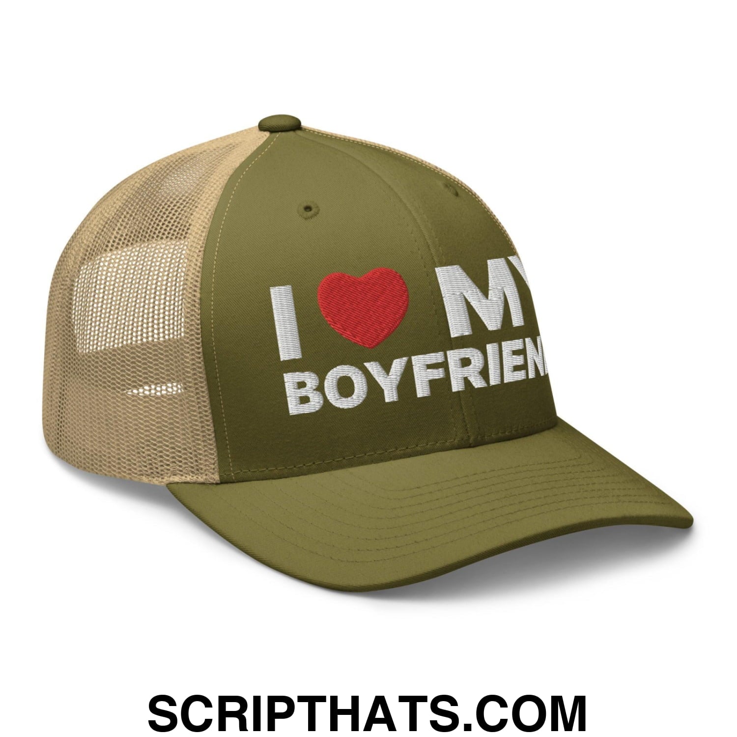 I Love My Boyfriend Retro Trucker Hat Moss Khaki