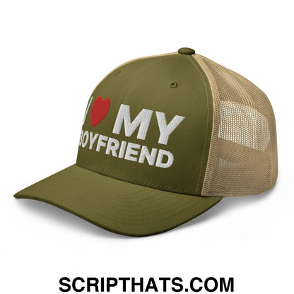 I Love My Boyfriend Retro Trucker Hat Moss Khaki