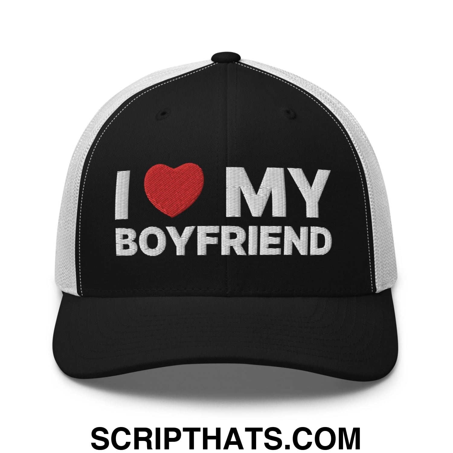 I Love My Boyfriend Retro Trucker Hat Black White