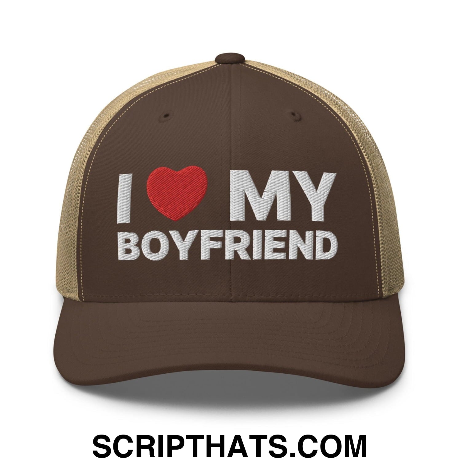 I Love My Boyfriend Retro Trucker Hat Brown Khaki